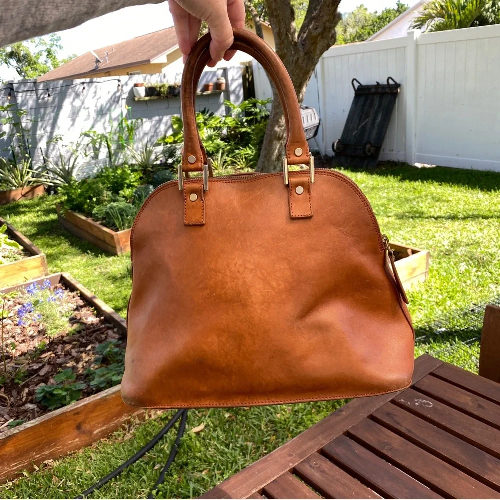 LALUCCA rebeka dome satchel bag purse cognac leather